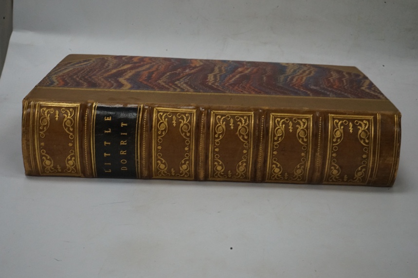 Dickens, Charles - Little Dorrit. First Edition. pictorial engraved and printed titles, frontis and 38 other plates (by H.K. Browne); (?) later 19th century gilt ruled half calf and marbled boards, gilt decorated panelle